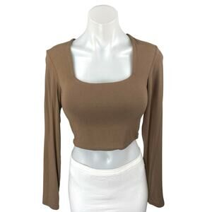 KN Klassy Network Women's Tan Knit Long Sleeve Square Neck Crop Top Size M